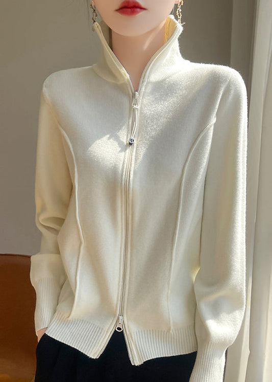 Slim Fit White Stand Collar Zip Up Solid Knit Coats Fall