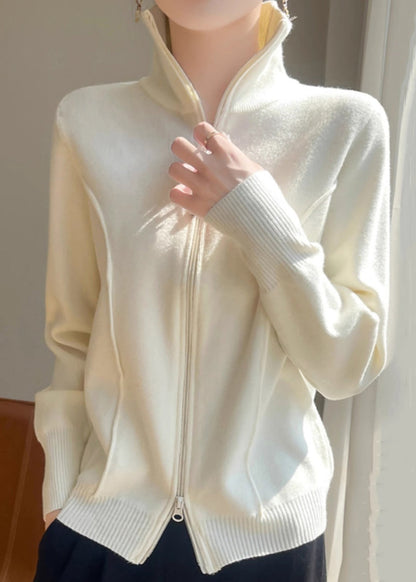 Slim Fit White Stand Collar Zip Up Solid Knit Coats Fall