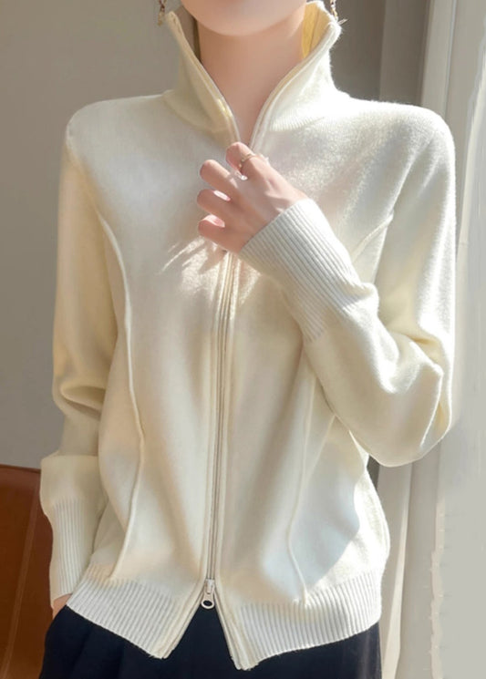 Slim Fit White Stand Collar Zip Up Solid Knit Coats Fall