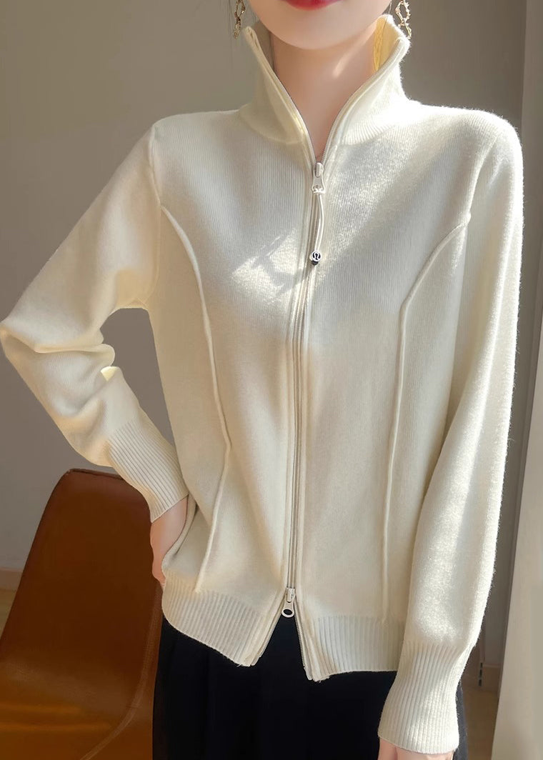 Slim Fit White Stand Collar Zip Up Solid Knit Coats Fall