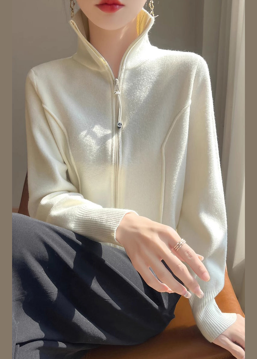 Slim Fit White Stand Collar Zip Up Solid Knit Coats Fall