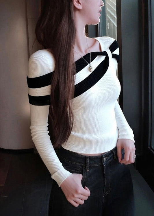 Slim Fit White Striped Patchwork Knit Sweaters Spring