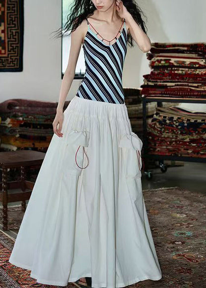 Slim Fit White Striped Pockets Patchwork Cotton Spaghetti Strap Dress Sleeveless