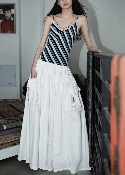 Slim Fit White Striped Pockets Patchwork Cotton Spaghetti Strap Dress Sleeveless