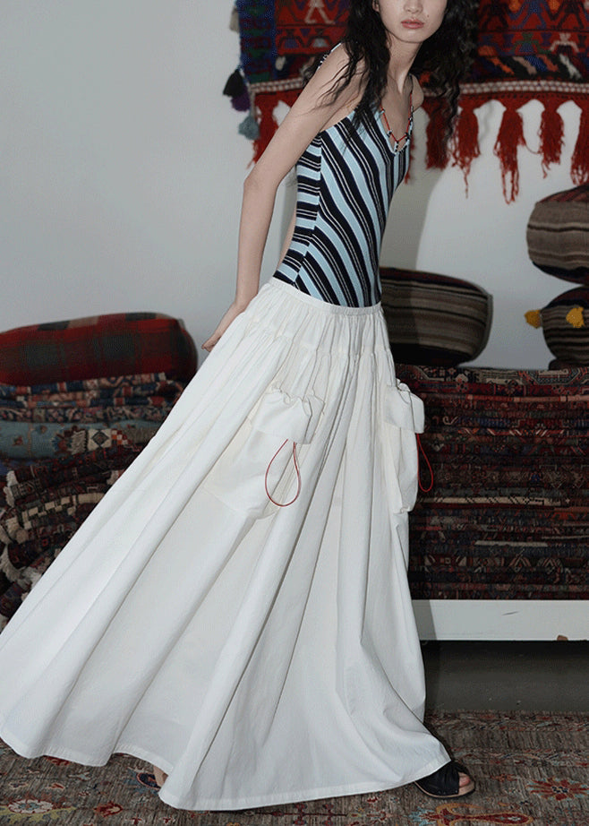 Slim Fit White Striped Pockets Patchwork Cotton Spaghetti Strap Dress Sleeveless