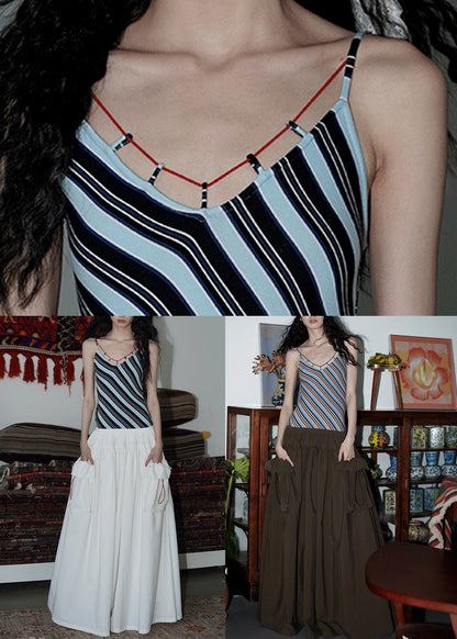 Slim Fit White Striped Pockets Patchwork Cotton Spaghetti Strap Dress Sleeveless