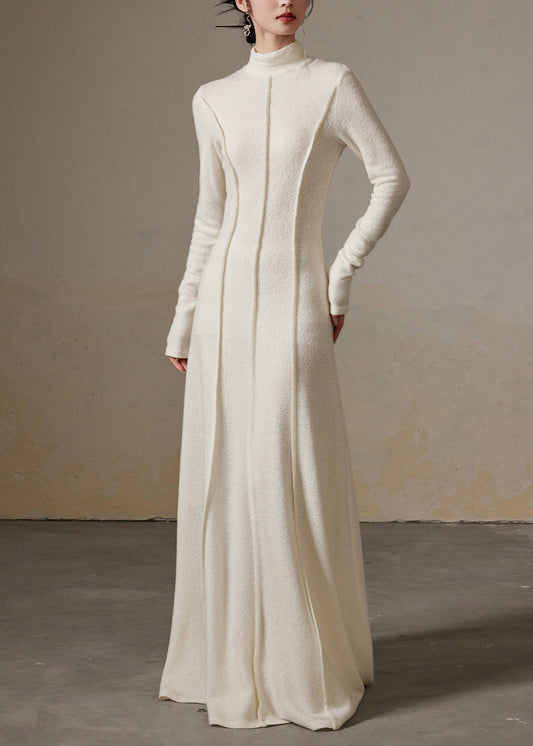 Slim Fit White Turtleneck High Waist Cotton Long Dress Winter