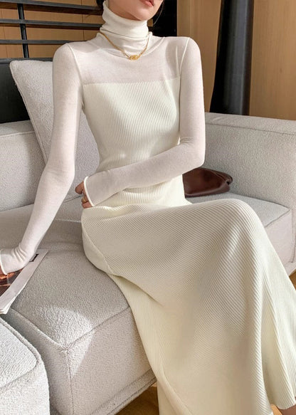 Slim Fit White Turtleneck Solid Knit Long Dress Winter