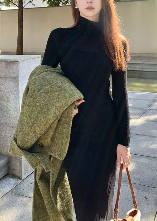 Slim Fit White Turtleneck Solid Knit Long Dress Winter