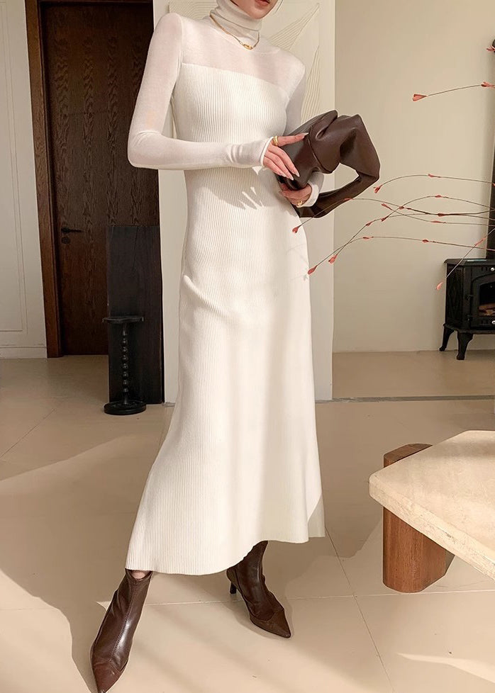 Slim Fit White Turtleneck Solid Knit Long Dress Winter
