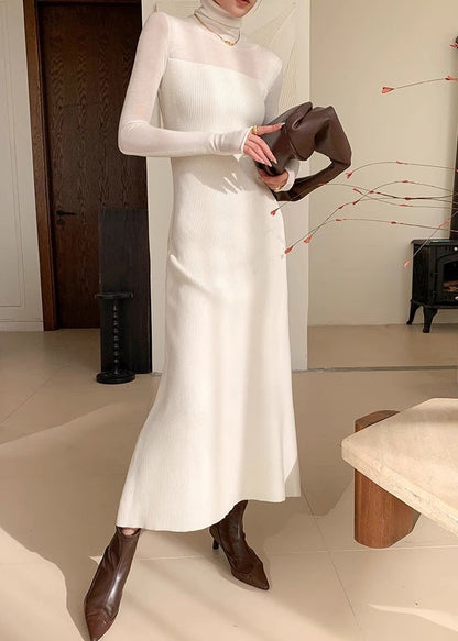 Slim Fit White Turtleneck Solid Knit Long Dress Winter