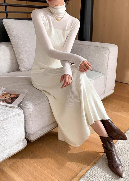Slim Fit White Turtleneck Solid Knit Long Dress Winter