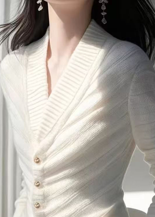 Slim Fit White V Neck Button Knit Cardigan Fall