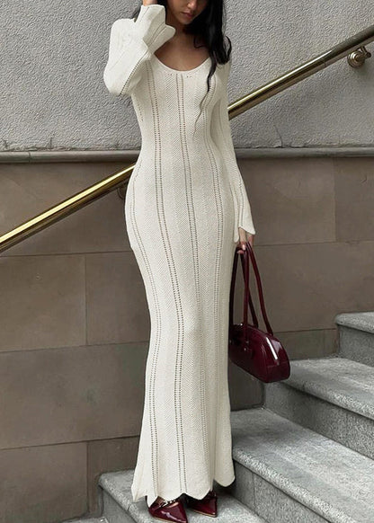 Slim Fit White V Neck Hollow Out Knit Long Dress Spring