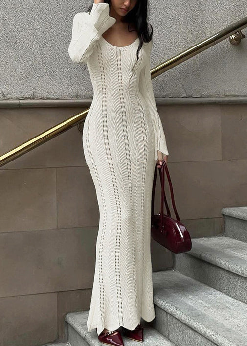 Slim Fit White V Neck Hollow Out Knit Long Dress Spring