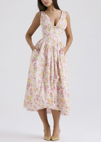 Slim Fit White V Neck Print Pockets Cotton Dresses Sleeveless