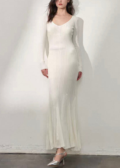 Slim Fit White V Neck Solid Knit Long Dress Fall