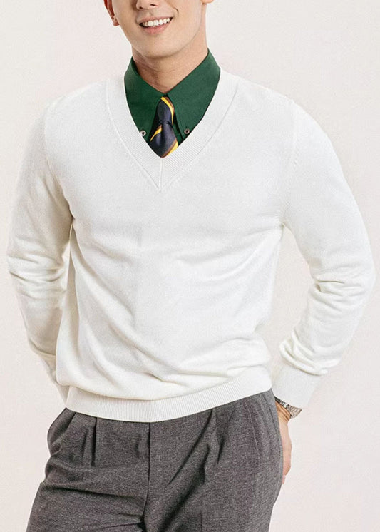 Slim Fit White V Neck Solid Knit Mens Sweater Fall