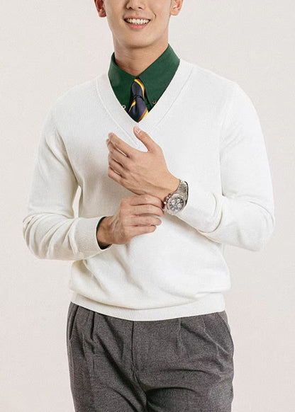Slim Fit White V Neck Solid Knit Mens Sweater Fall