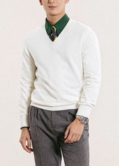 Slim Fit White V Neck Solid Knit Mens Sweater Fall
