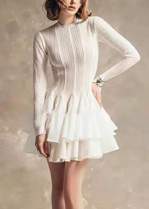 Slim Fit White Zippered High Waist Lace Mid Dress Fall