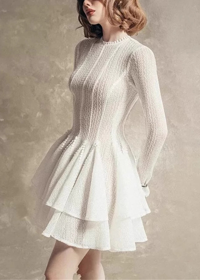 Slim Fit White Zippered High Waist Lace Mid Dress Fall