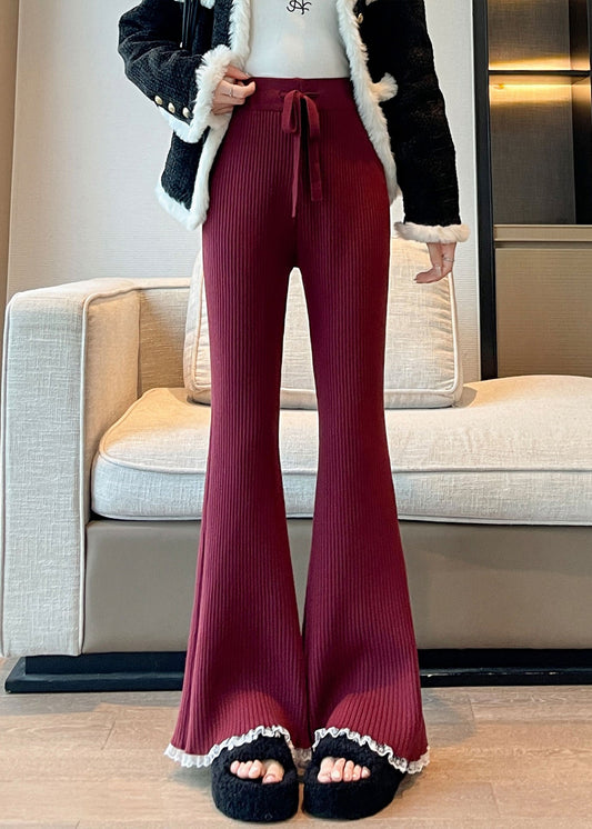 Slim Fit Wine Red Lace Elastic Waist Patchwork Knit Flared Trousers Fall