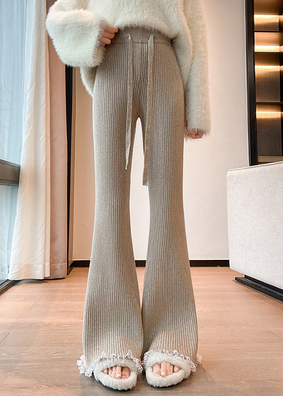 Slim Fit Wine Red Lace Elastic Waist Patchwork Knit Flared Trousers Fall