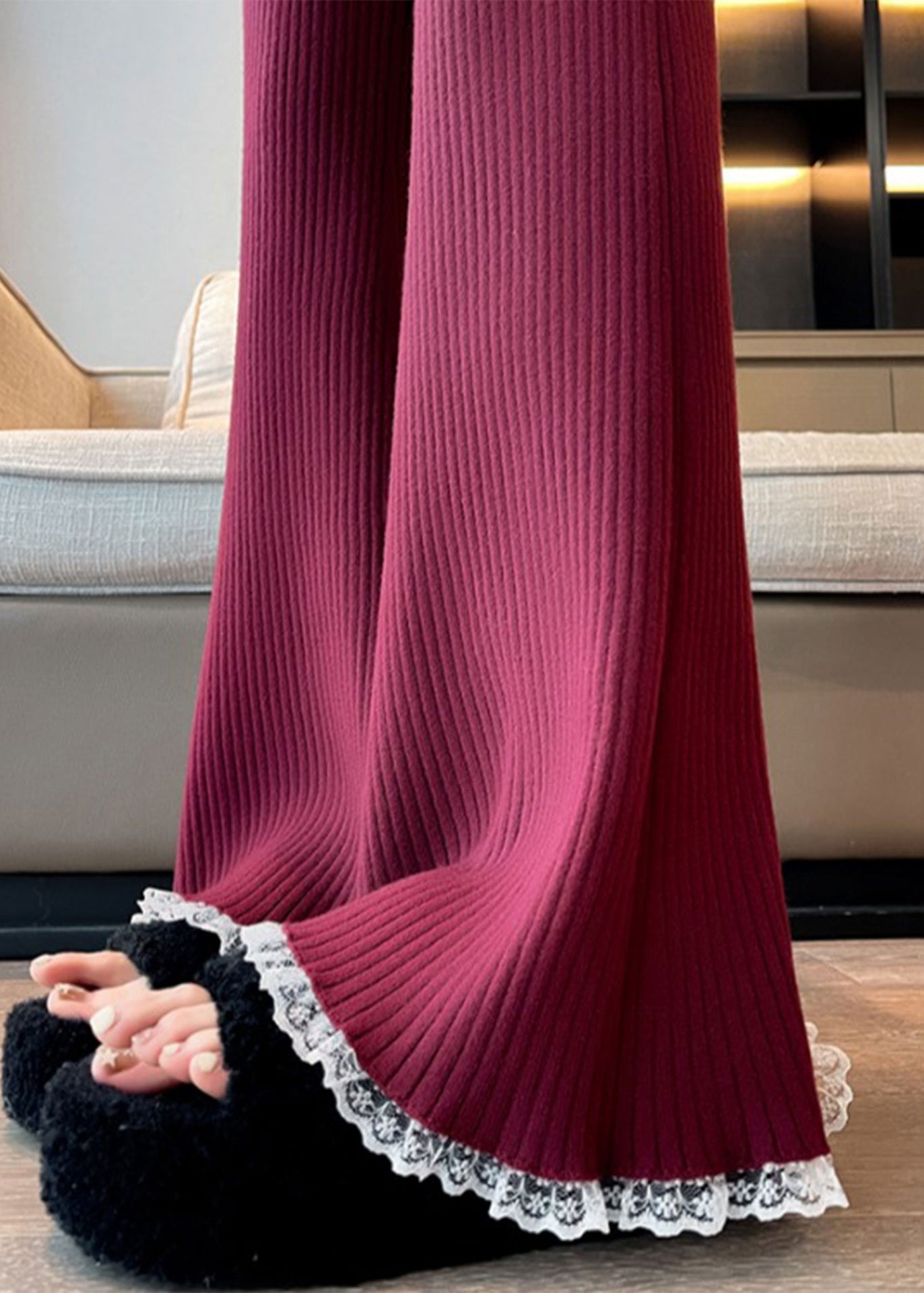 Slim Fit Wine Red Lace Elastic Waist Patchwork Knit Flared Trousers Fall