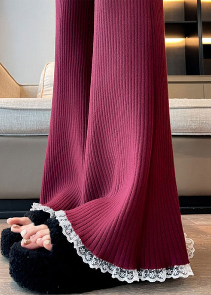 Slim Fit Wine Red Lace Elastic Waist Patchwork Knit Flared Trousers Fall