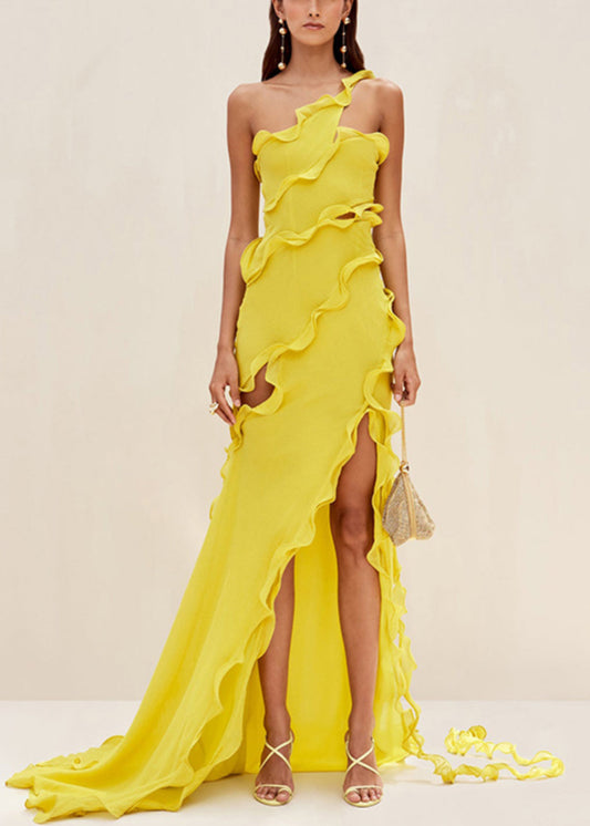 Slim Fit Yellow Asymmetrical Ruffled Hollow Out Long Dresses Sleeveless