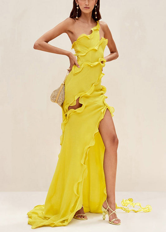 Slim Fit Yellow Asymmetrical Ruffled Hollow Out Long Dresses Sleeveless