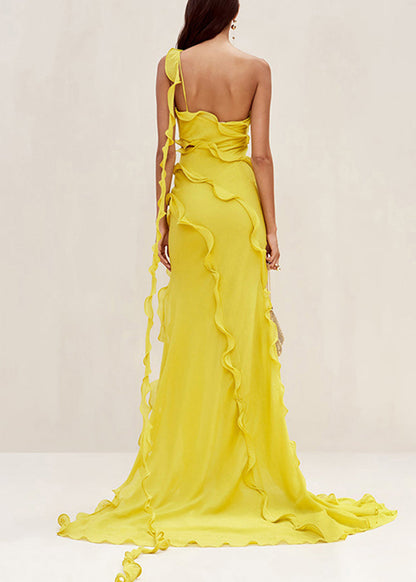 Slim Fit Yellow Asymmetrical Ruffled Hollow Out Long Dresses Sleeveless