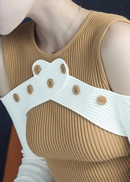 Slim Fit Yellow Cold Shoulder Patchwork Knit Sweaters Spring