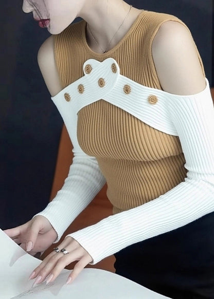 Slim Fit Yellow Cold Shoulder Patchwork Knit Sweaters Spring