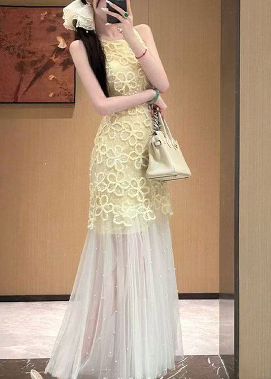 Slim Fit Yellow O-Neck Tulle Patchwork Lace Long Dresses Sleeveless