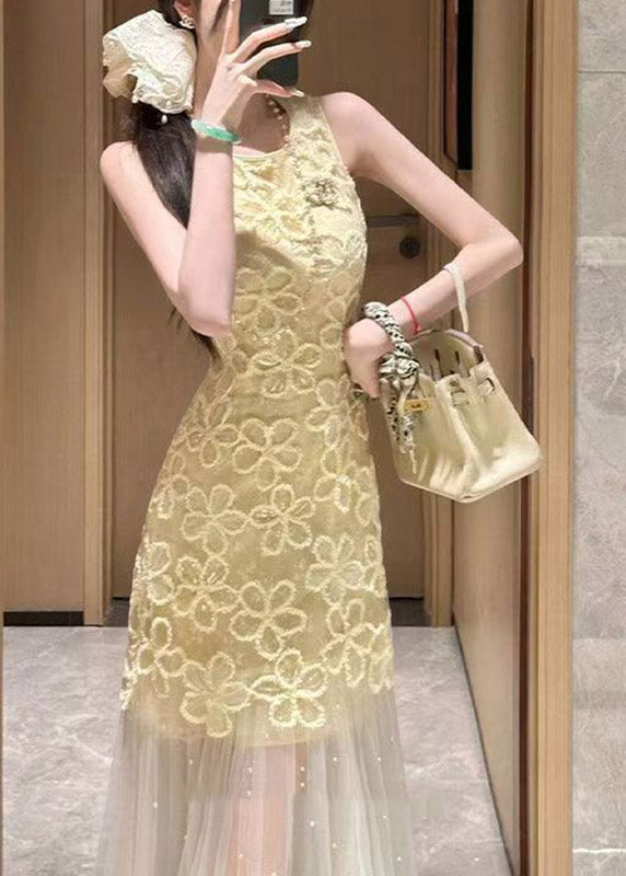 Slim Fit Yellow O-Neck Tulle Patchwork Lace Long Dresses Sleeveless