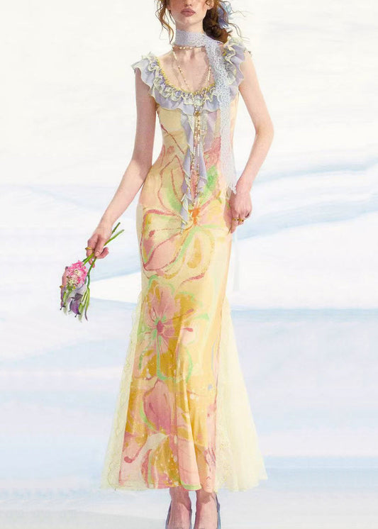 Slim Fit Yellow Ruffled Print Patchwork Tulle Long Dress Sleeveless