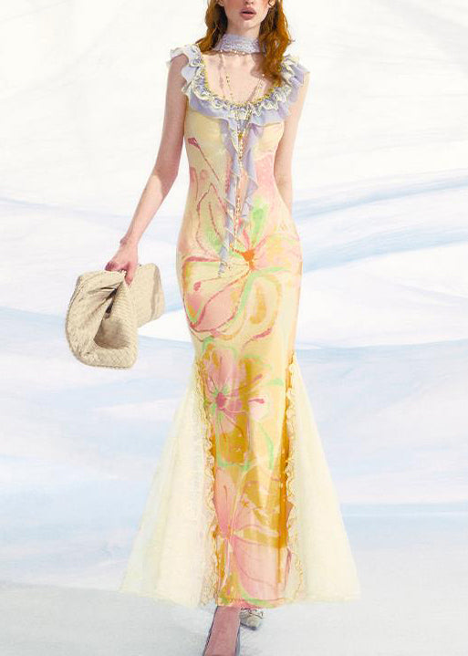 Slim Fit Yellow Ruffled Print Patchwork Tulle Long Dress Sleeveless