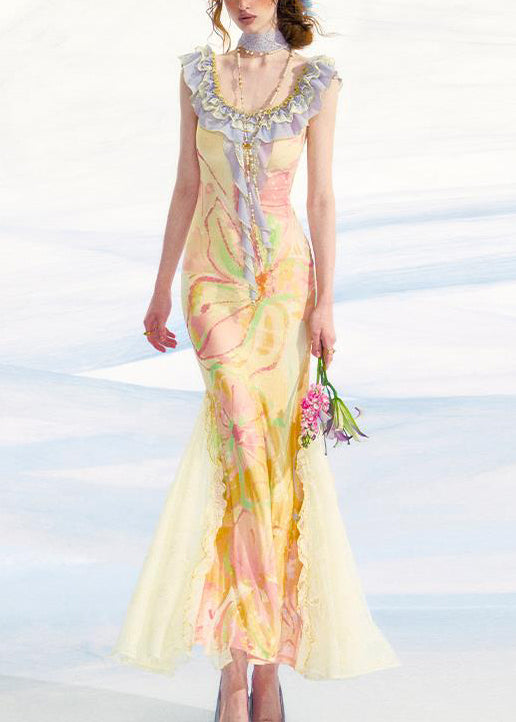 Slim Fit Yellow Ruffled Print Patchwork Tulle Long Dress Sleeveless