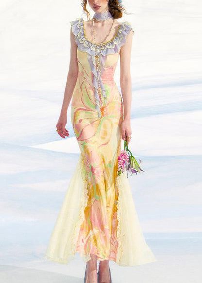 Slim Fit Yellow Ruffled Print Patchwork Tulle Long Dress Sleeveless