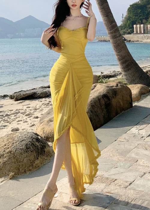 Slim Fit Yellow Wrinkled Low High Design Cotton Spaghetti Strap Dress Sleeveless