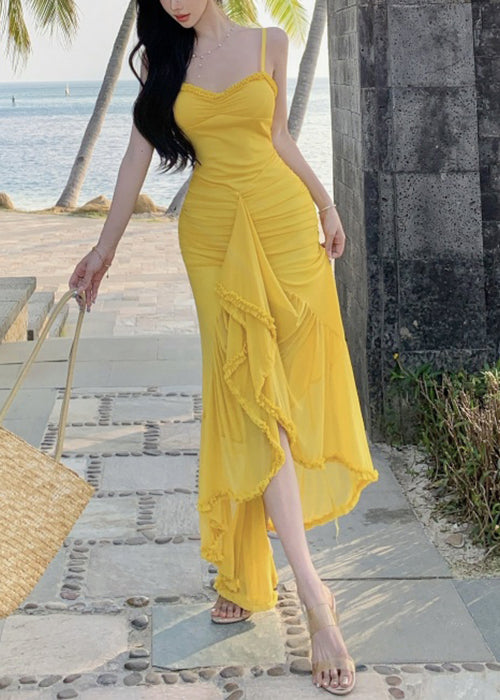 Slim Fit Yellow Wrinkled Low High Design Cotton Spaghetti Strap Dress Sleeveless