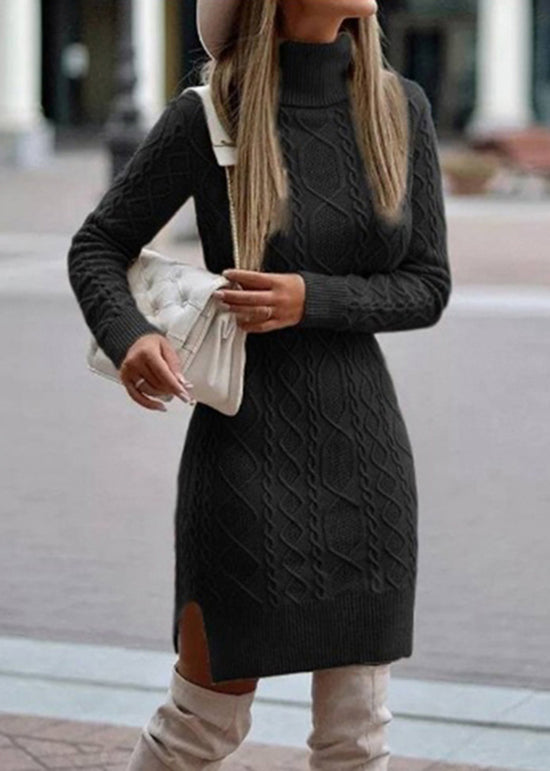 Slim Fitting Apricot High Neck Knit Sweaters Dress Fall