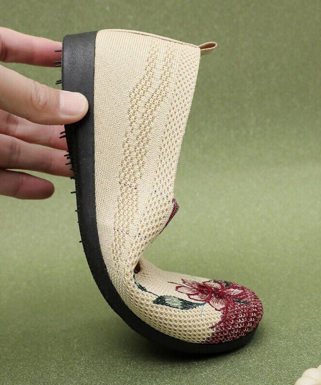 Soft Beige Embroidered Hollow Out Flat Shoes