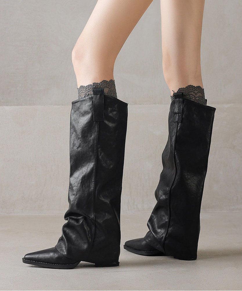 Soft Black Boots Pointed Toe Chunky Boots