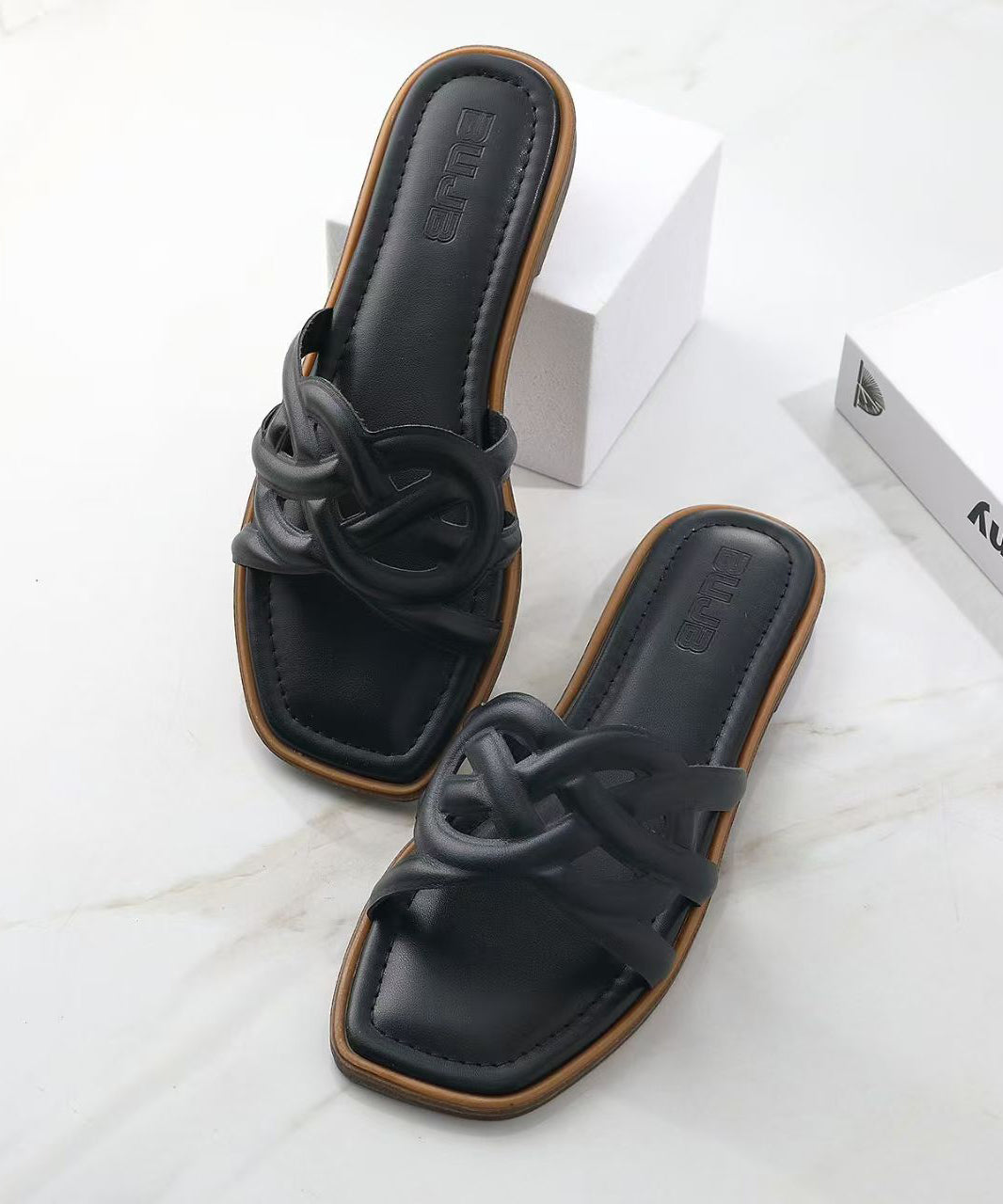 Soft Black Faux Leather Thong Sandals