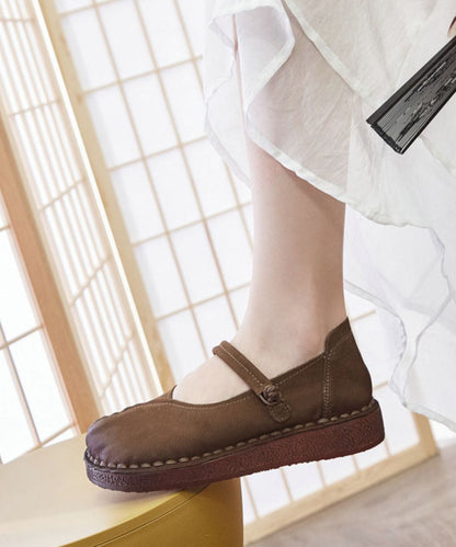 Soft Buckle Strap Flats Brown Cowhide Leather
