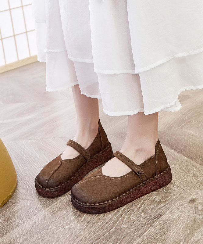 Soft Buckle Strap Flats Brown Cowhide Leather