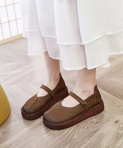 Soft Buckle Strap Flats Brown Cowhide Leather
